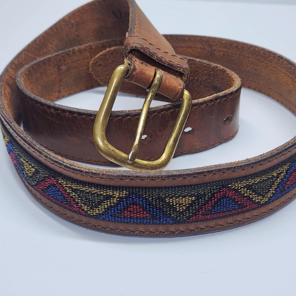 Bison Belt Co Belt Mens 36 Brown Leather Western Geometric Solid Brass Buckle